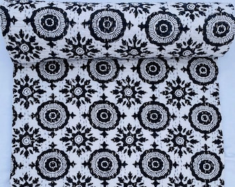 Black White Block Print Kantha Quilt Cotton Boho Bedspread Handmade Indian Lightweight Throw Blanket