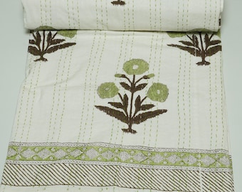 Handblock Green Floral Block Print Kantha Throw White Cotton Bedspread Handmade Blanket Lightweight Indian Bedding Queen King