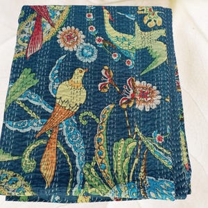 Throw Blanket, Teal Blue Peacock Kantha Quilt, Handmade Cotton Floral Bird Bedspread, Indian Boho Bedding