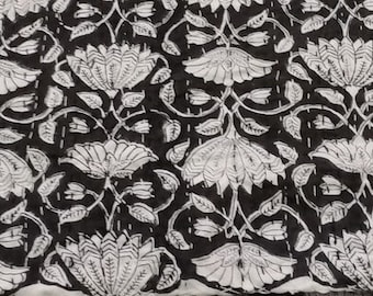 Black Floral Block Print Kantha Quilt, Handmade Cotton Bedspread, Indian Kantha Blanket, Boho Bedding, Jaipur India