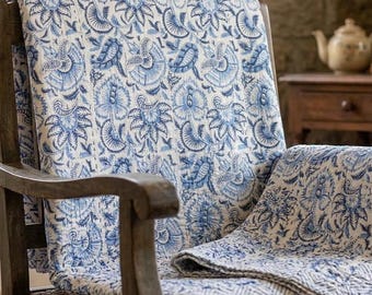 HandmadeBlue Floral Block Print Kantha Quilt Handmade Cotton Bedspread | Soft Indigo Botanical Bedding Boho Indian Quilt