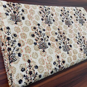 Cream Handmade Kantha Quilt – Floral Block Print Cotton Throw – Handmade Indian Blanket – Vintage Style Bedspread – Boho Farmhouse Bedding