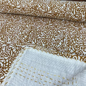 Brown Mandala Handmade Indian Block Print Kantha Quilt – Handmade Block Print Cotton Throw Blanket, Indian Ethnic Bedding, Boho Bedspread