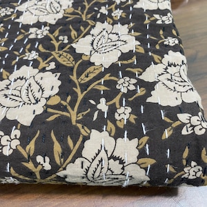 Handmade Block Print Kantha Quilt – Black White Floral Bedspread – Mustard Block Print Cotton Throw Blanket – Indian Stitch Kantha Quilt
