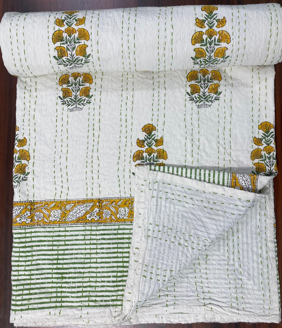 White Yellow Floral Indian Quilt Quee...