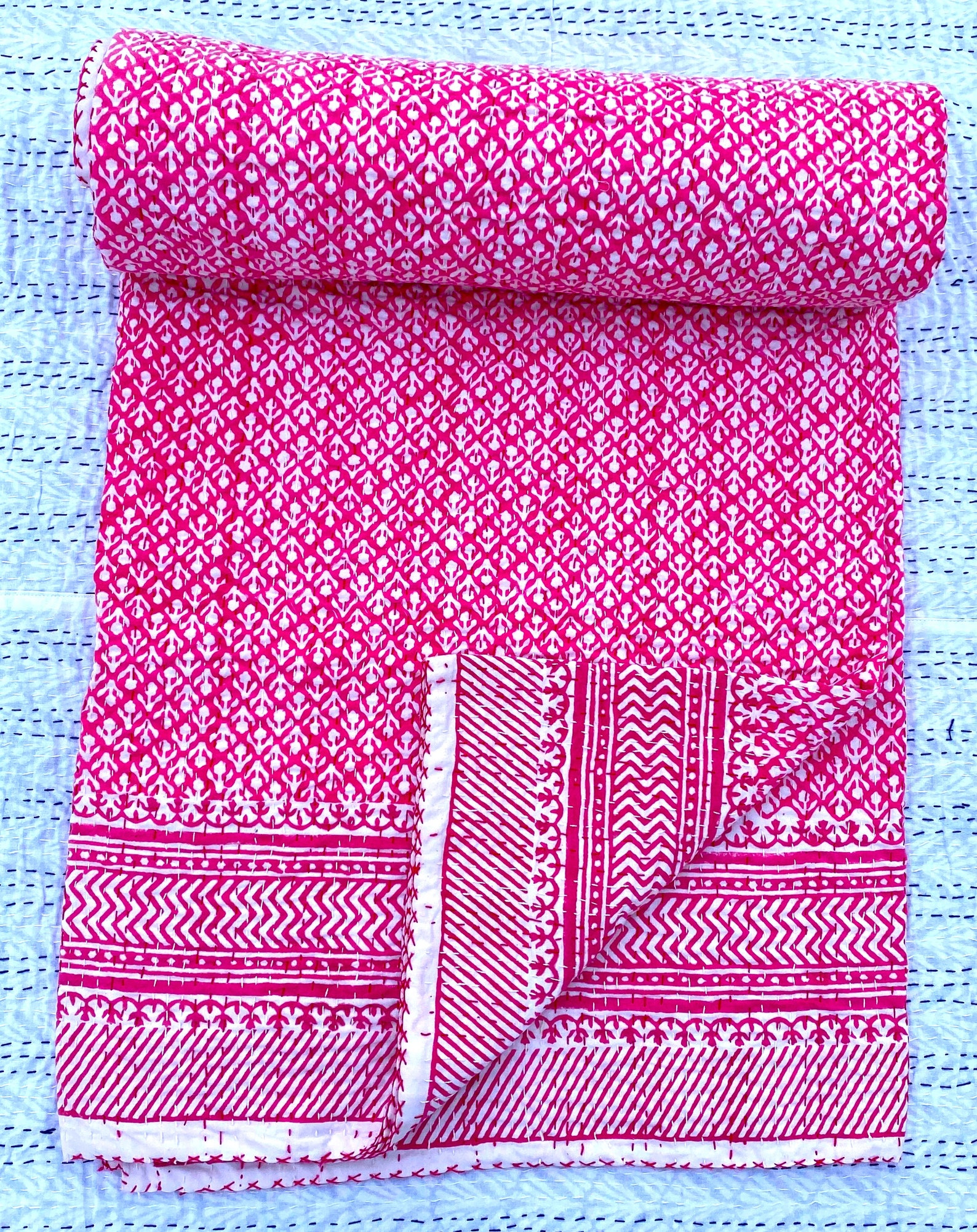 Pink Kantha Quilt Pink Floral Bedspread Kantha Quilt Handmade Etsy
