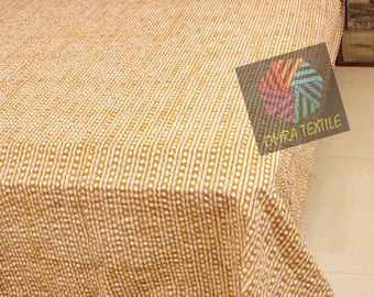 Mustard Yellow Handmade Block Print Cotton Bedspread Indian Kantha Style Quilt Boho Bedding For Home Decor