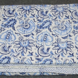 Blue Floral Handmade Indian Block Print Kantha Quilt – Handmade Cotton Blanket – Block Print Bedspread – Boho Throw Lightweight Summer Quilt