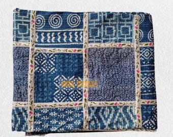 Kantha Quilt King Size Handmade Indigo Blanket: Blue Indian Cotton Bedspread
