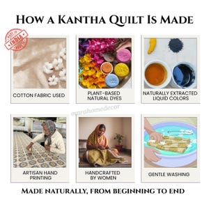 May include: An infographic titled "How a Kantha Quilt Is Made" shows the process. It includes cotton fabric, plant-based dyes, naturally extracted liquid colors, artisan hand printing, handcrafted by women, and gentle washing. The text "Made Naturally, From Beginning to End" is also included.
