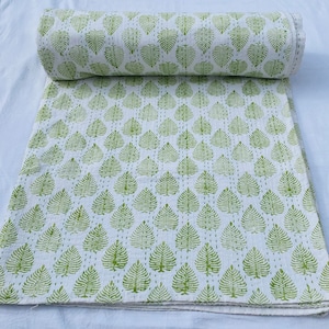 Green Leaf Print Kantha Quilt: Handmade Cotton Queen Bedspread
