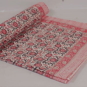 Pink Floral Handmade Indian Block Print Kantha Quilt – Block Print Cotton Blanket – Indian Throw Bedding – Boho Bedspread – Queen Size Quilt