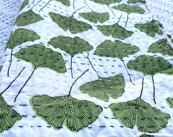 Green Ginkgo Leaf Indian Kantha Quilt, Handmade Cotton Blanket, Botanical Block Print Bedspread, Eco Friendly Boho Bedding Throw Coverlet