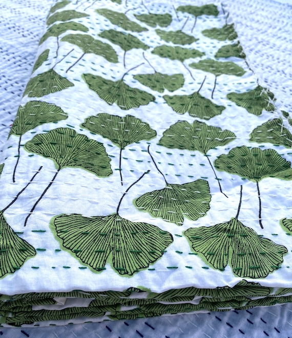 Green Ginkgo Leaf Indian Kantha Quilt, Handmade Cotton Blanket, Botanical Block Print Bedspread, Eco Friendly Boho Bedding Throw Coverlet