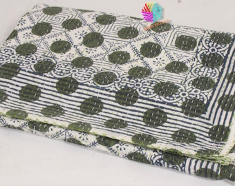 Handmade Indian Cotton Green Polka Dot | Vintage Kantha Quilt Queen Size Blanket | Green Block Print Reversible Bedspread Throw