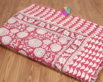 Handmade Cotton Bedspread Pink Floral Block Print Kantha Quilt | Throw Blanket | Boho Indian Bedding Quilt