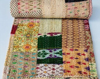 Patchwork Indian Kantha Quilt Handmade Pure Cotton Bedspread, Vintage Hand Stitched Bedspread, Colorful Boho Home Decor