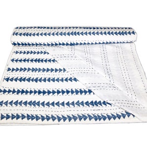 Blue Arrow Kantha Quilt: Handmade Indian Cotton Bedspread