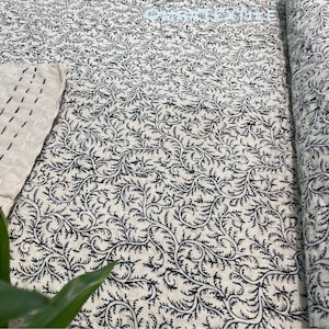 Handmade Indian Block Kantha Quilt – Black Vine Block Print Cotton Quilt – Natural Off-White Bedding Throw – Indian Hand Stitched Bedspread