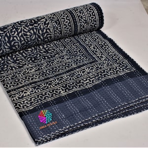 Handcrafted Blue Floral Kantha Quilt - Indian Block Print Bedspread