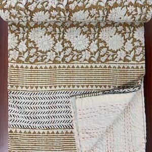 Brown Floral Indian Block Print Kantha Quilt – Hand Block Printed Cotton Blanket – Earthy Tones Throw – Boho Bedding – Rustic Bedspread