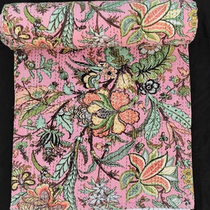 Floral Pink Kantha Quilt: Handmade Cotton Boho Bedspread