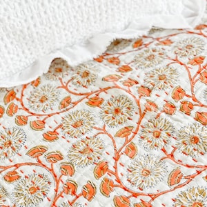 Vintage Floral Kantha Quilt - Orange Vine & Flower Pattern on White Cotton Rustic Floral Kantha Quilt - Soft White with Orange Floral Design