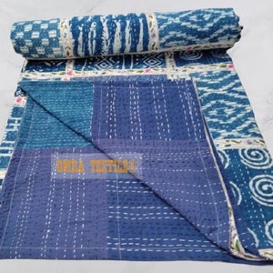 Handmade Indigo Kantha Quilt: Blue Indian Cotton Bedspread