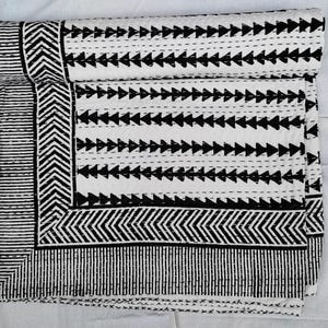 Black & White Indian Kantha Quilt – Geometric Tribal Block Print Blanket – Handmade Cotton Throw – Modern Boho Bedding – Cotton Kantha Quilt