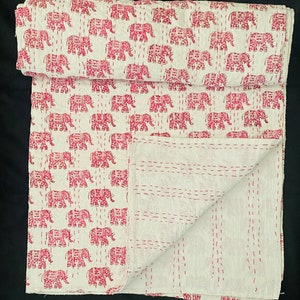 Indian Kantha Quilt Pink Elephant Print Quilt Hand Block Print Soft Kantha Blanket Bedding Throw Pink Bedspread King Queen Size Quilt Gifts