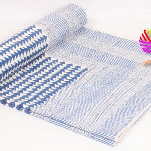 Blue Geometric Kantha Quilt: Indian Block Print Cotton Bedspread