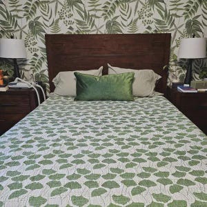 Green Ginkgo Leaf Indian Kantha Quilt, Handmade Cotton Blanket, Botanical Block Print Bedspread, Eco Friendly Boho Bedding Throw Coverlet image 5