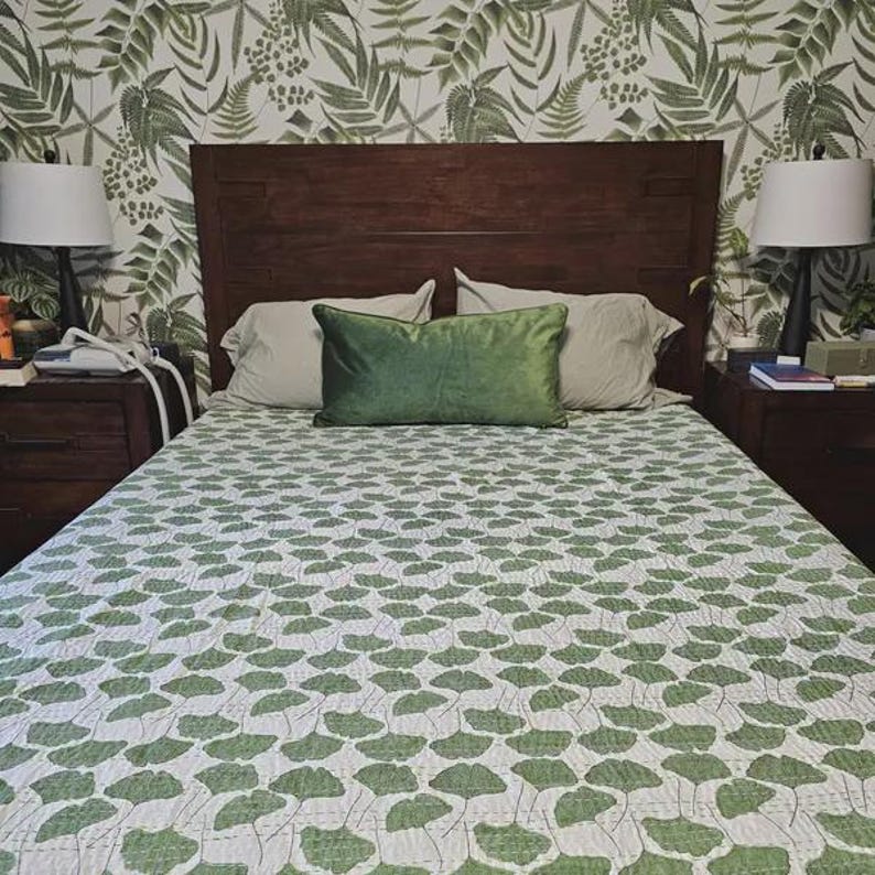 Green Ginkgo Leaf Indian Kantha Quilt, Handmade Cotton Blanket, Botanical Block Print Bedspread, Eco Friendly Boho Bedding Throw Coverlet image 5