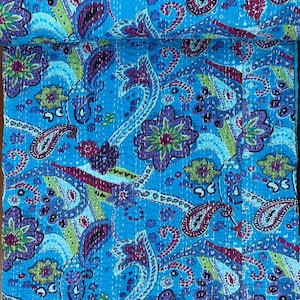 Vibrant Blue Floral Kantha Quilt | Handmade Paisley Bedspread | Boho Cotton Blanket | Indian Reversible Throw | Colorful Gift Idea