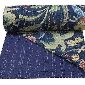 Bird Print Kantha Quilt: Vintage Indian Cotton Bedspread