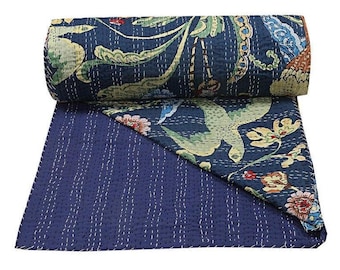 Bird Print Kantha Quilt: Vintage Indian Cotton Bedspread