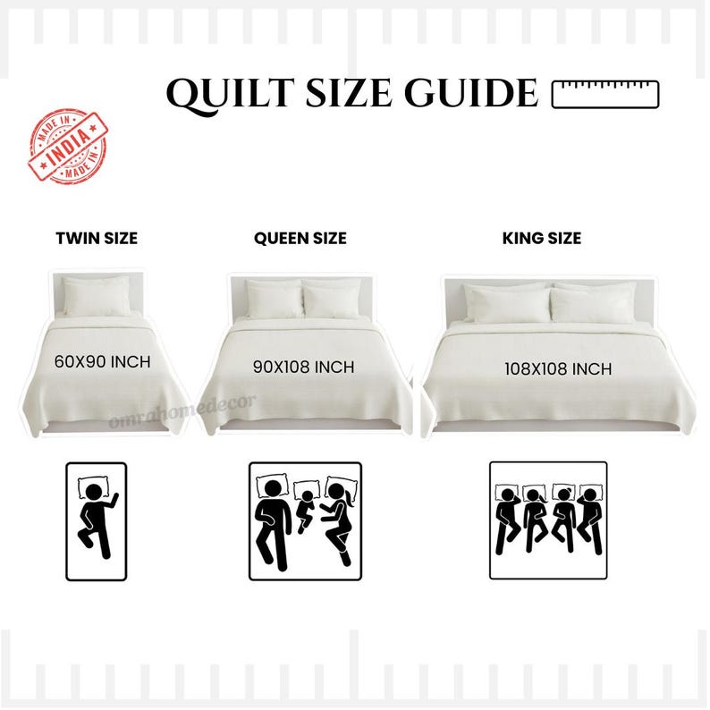 May include: A white quilt size guide with text and illustrations. The guide shows twin, queen, and king sizes, with dimensions in inches. The text "QUILT SIZE GUIDE" is at the top, and the "MADE IN INDIA" logo is in the upper left corner.