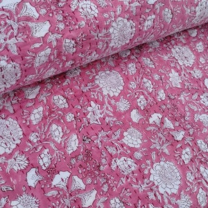 Pink Floral Handmade Indian Kantha Quilt – Handmade Cotton Bedspread – Vintage-Style Block Print Throw Blanket – Boho Chic Bedding – Quilt