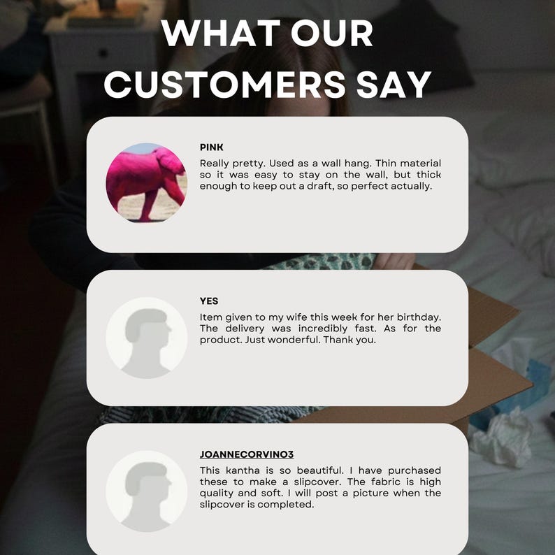 May include: Image with the text "WHAT OUR CUSTOMERS SAY". The image shows customer reviews. One review mentions a pink elephant wall hanging. Other reviews discuss product quality and delivery speed.