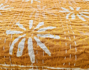 Handmade Quilt Mustard Floral Block Print Indian Kantha Blanket – Pure Cotton Indian Bedspread, Hand-Stitched Throw for Bedroom Decor