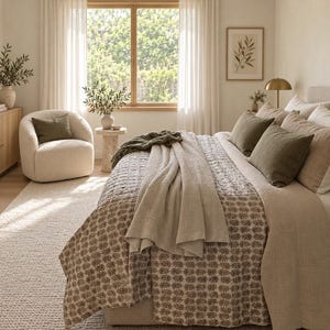 Op de afbeelding: Een slaapkamer met een bed voorzien van een beige en bruine quilt met bloemenpatroon, effen olijfgroene kussens en een lichtbeige sprei. Een crèmekleurige, getextureerde fauteuil staat in de buurt, naast een stenen bijzettafel en een groot vloerkleed.