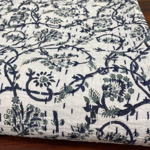 Navy Floral Kantha Quilt: Handmade Indian Block Print Cotton Bedspread