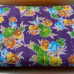 Purple Floral Kantha Quilt: Handmade Cotton Boho Bedspread