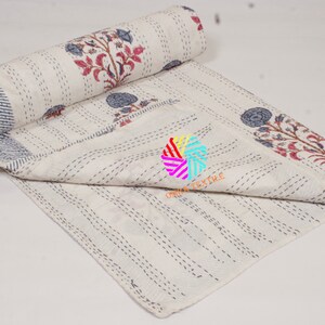 Indian Handmade Kantha Quilt,Hand Block Printed Bedspread, 100% Cotton Bed Cover,Hand Stitched Blanket, Handmade Throw Bedding,Flower Print,