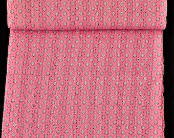 Handmade Pink Floral Booti Kantha Quilt, Handmade Cotton Block Print Bedspread, Indian Throw Blanket