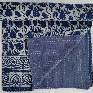 Hand Stitched Indigo Kantha Quilt: Floral Cotton Throw