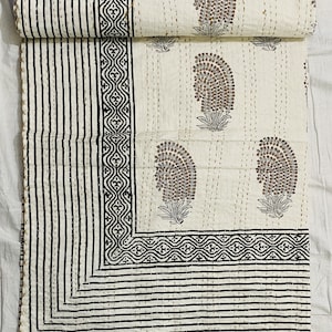 Black & Brown Indian Handmade Kantha Quilt – Handmade Block Print Throw – Cotton Buti Bedspread Ethnic Floral Blanket Indian Kantha Bedding