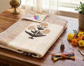 Brown Floral Kantha Quilt Cotton Handmade Boho Bedspread Cream Block Print Indian Lightweight Quilt