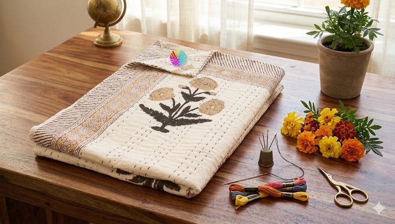 May include: A folded cream-colored quilt with a floral design and a matching pillowcase. The quilt features a brown border and a central flower motif. A small globe, flowers, and sewing supplies are arranged on a wooden table.
