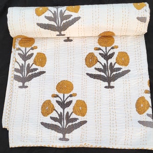 Handmade Yellow White Kantha Quilt with Mustard  Marigold Floral Embroidery - Bohemian Charcoal Gray Accent Blanket